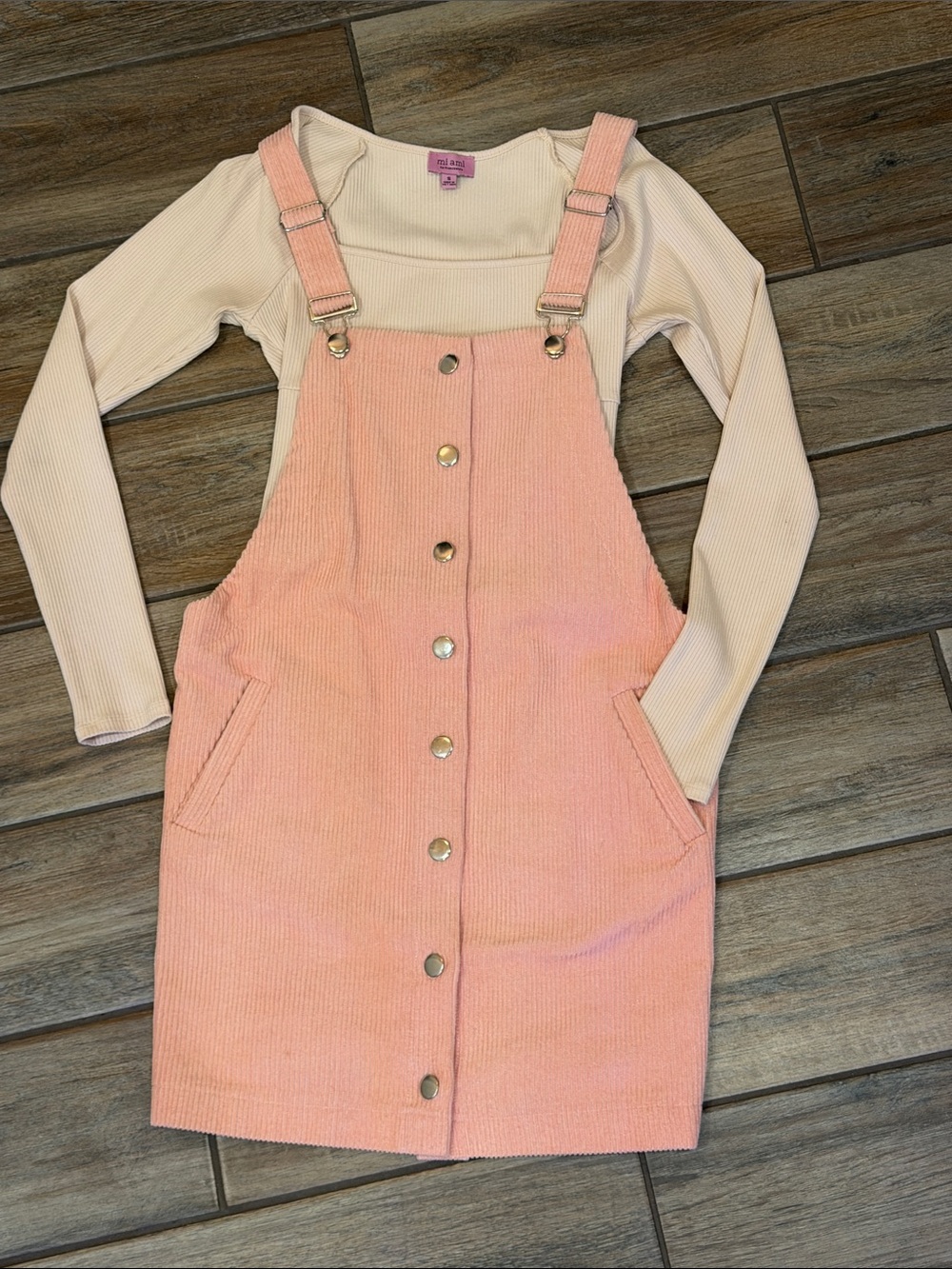 Pink Corduroy Button-Front Pinafore Dress with Long-Sleeve Rib Top